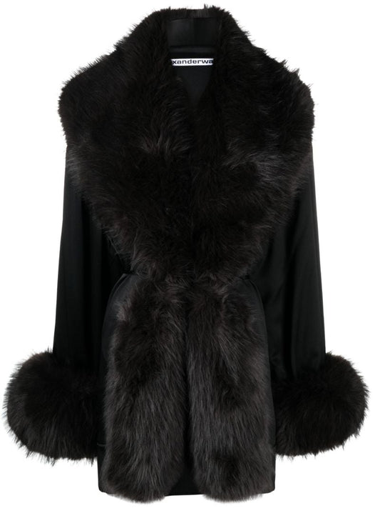 Black Faux-fur Trim Silk Robe Dress