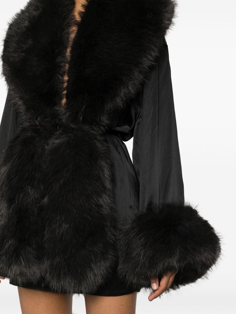 Black Faux-fur Trim Silk Robe Dress