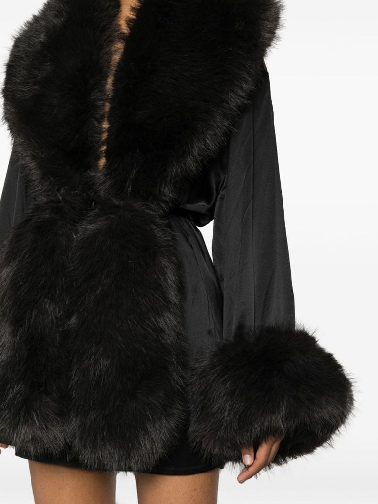 Black Faux-fur Trim Silk Robe Dress