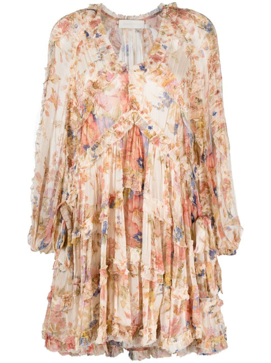 Neutral August Billow Frill Floral Mini Dress