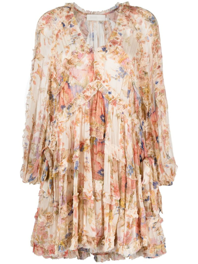 Neutral August Billow Frill Floral Mini Dress