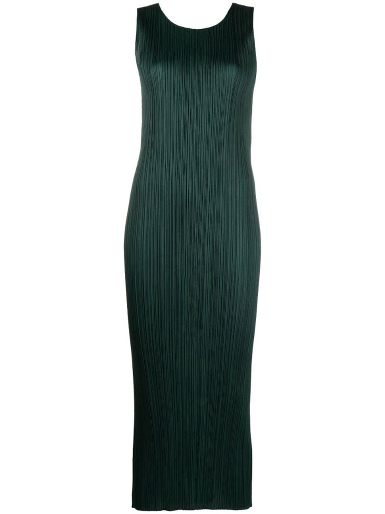 Green PlissÃ© Sleeveless Midi Dress
