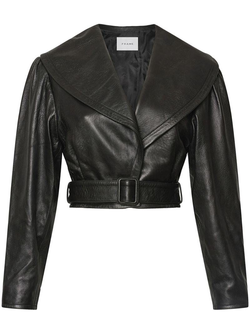 Black Belted Cropped Leather Jacket