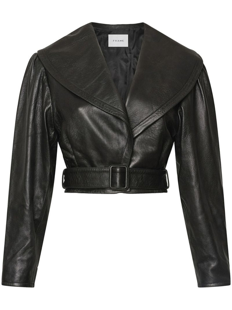 Black Belted Cropped Leather Jacket