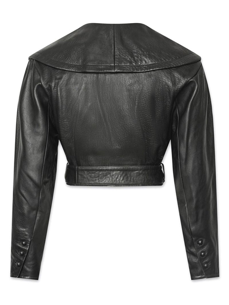 Black Belted Cropped Leather Jacket