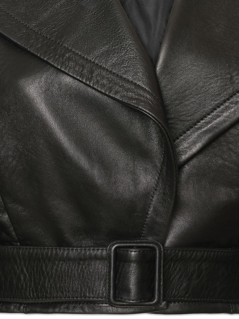 Black Belted Cropped Leather Jacket