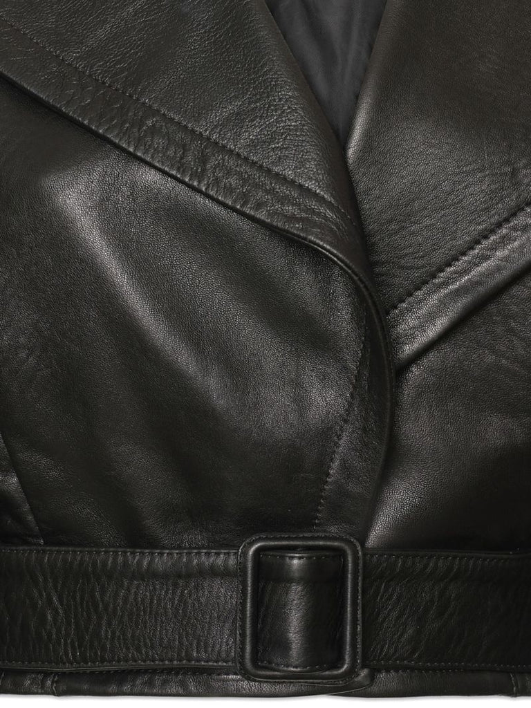 Black Belted Cropped Leather Jacket