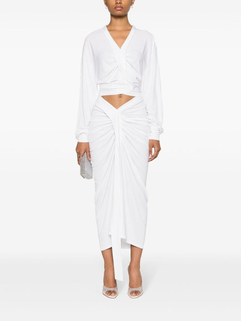 White Carved Draped Jersey Skirt