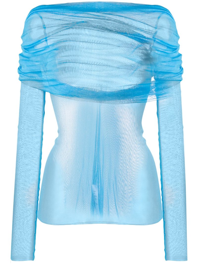 Blue Veiled Off-shoulder Silk Top