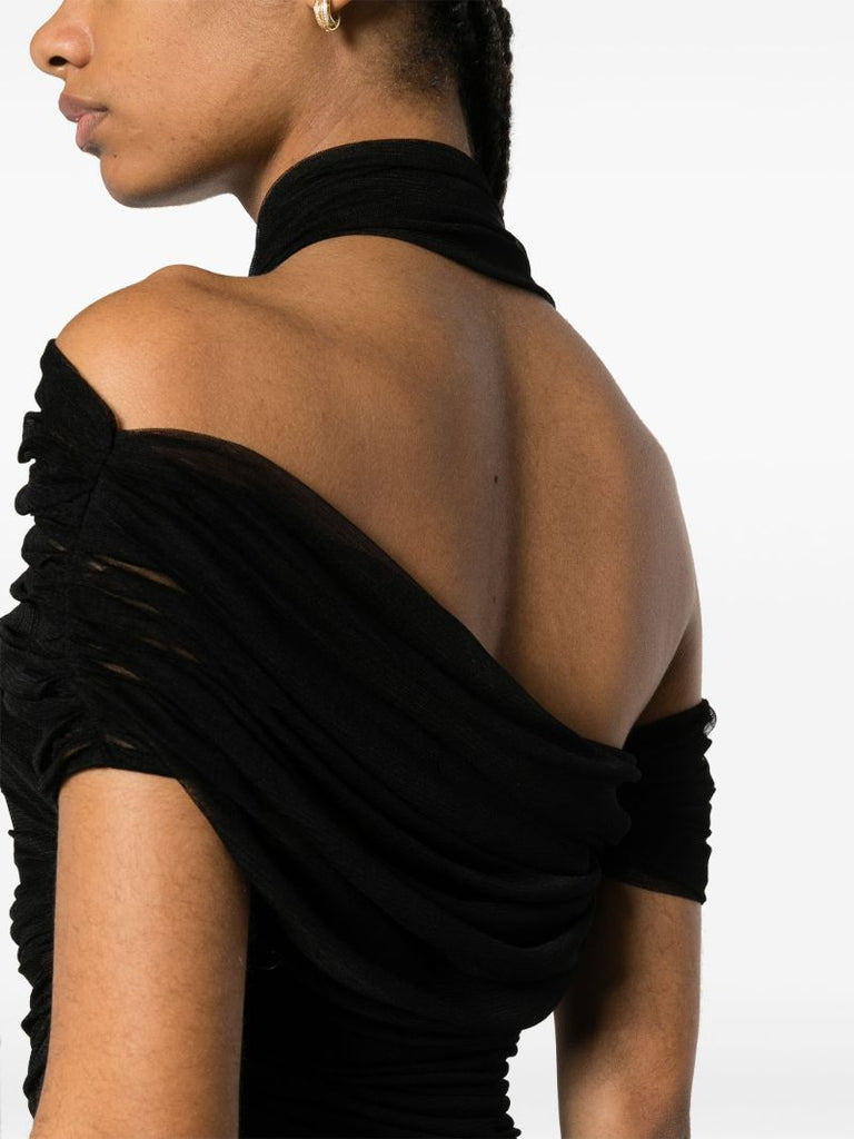 Black Veiled Asymmetric Silk Top