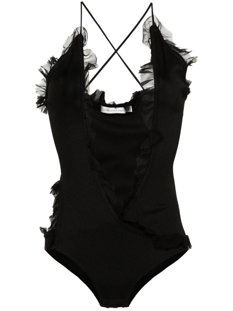 Black Carina Ruffle-trim Bodysuit
