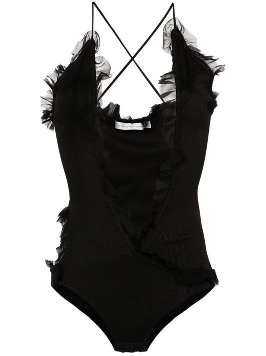 Black Carina Ruffle-trim Bodysuit