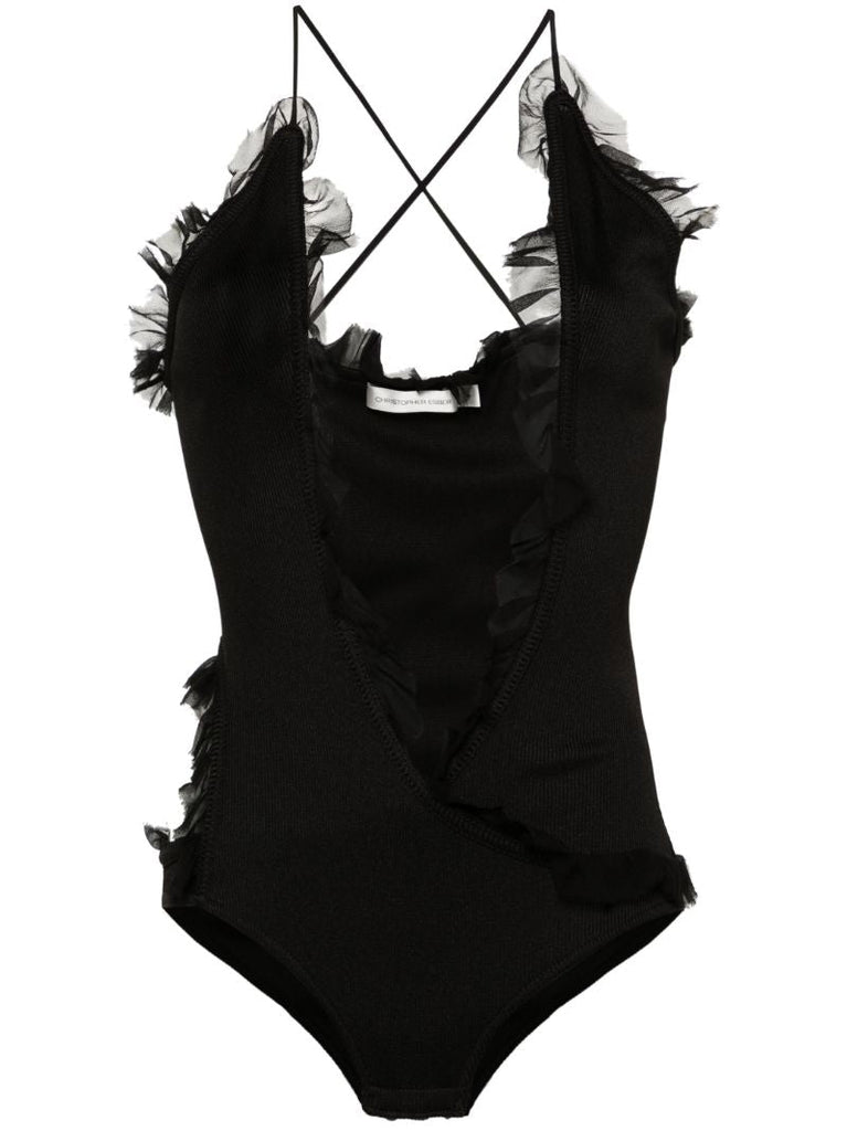 Black Carina Ruffle-trim Bodysuit