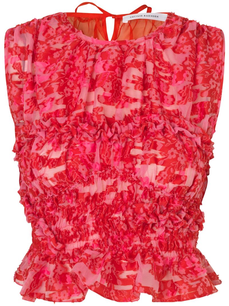 Red Floral Jacquard Sleeveless Blouse
