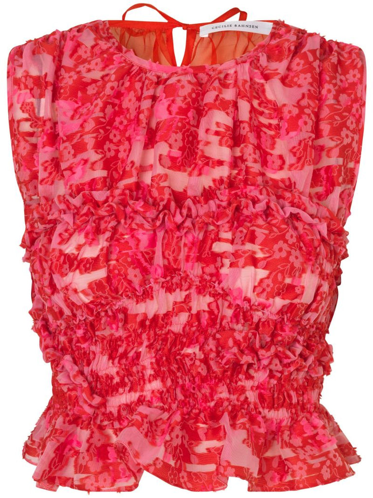 Red Floral Jacquard Sleeveless Blouse
