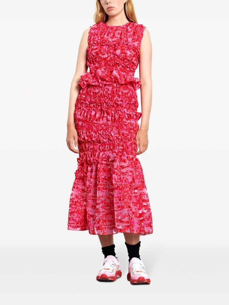 Red Floral Jacquard Sleeveless Blouse