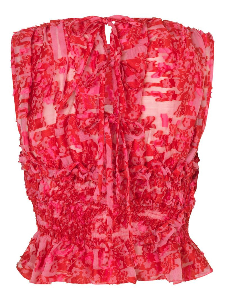Red Floral Jacquard Sleeveless Blouse