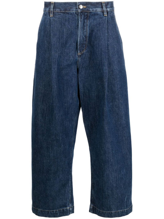Blue Pleated Wide-leg Jeans