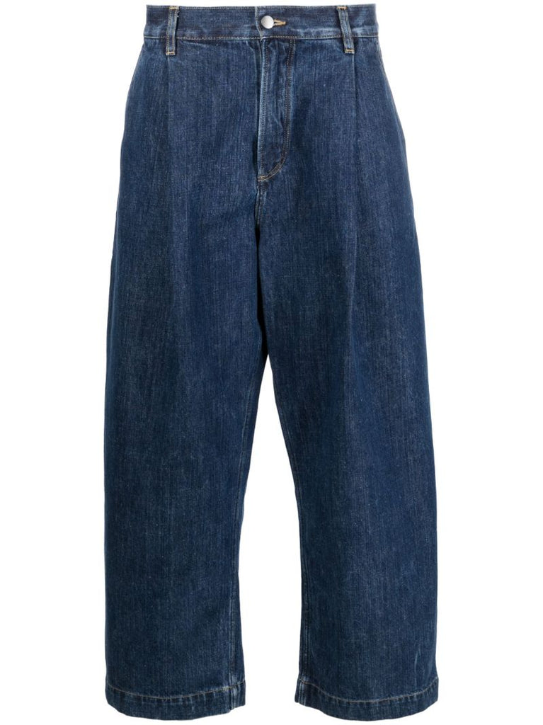 Blue Pleated Wide-leg Jeans