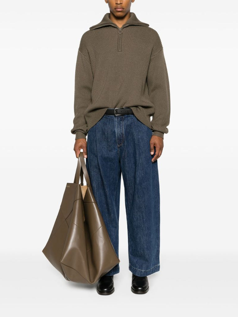 Blue Pleated Wide-leg Jeans