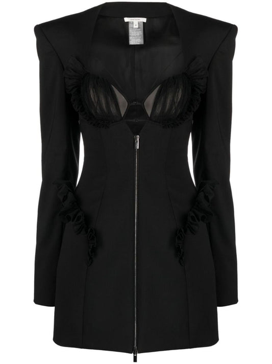 Black Ruffle-embellishment Wool Mini Dress