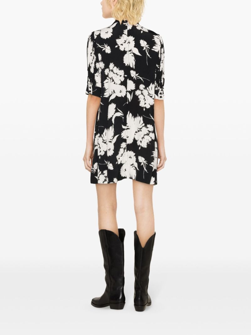 Black Floral-print Puff-sleeve Mini Dress