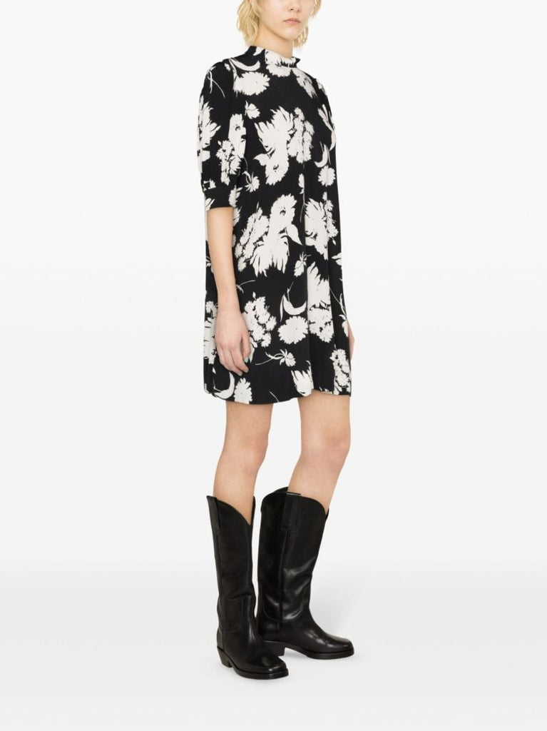 Black Floral-print Puff-sleeve Mini Dress