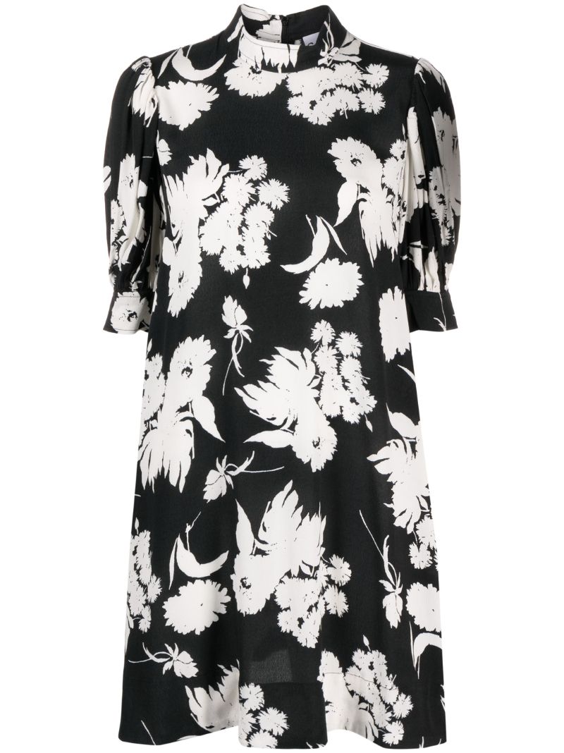 Black Floral-print Puff-sleeve Mini Dress