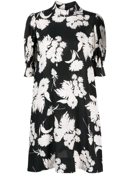 Black Floral-print Puff-sleeve Mini Dress