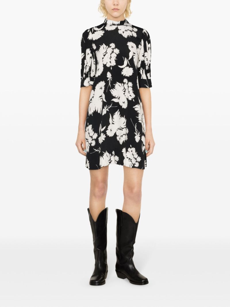 Black Floral-print Puff-sleeve Mini Dress