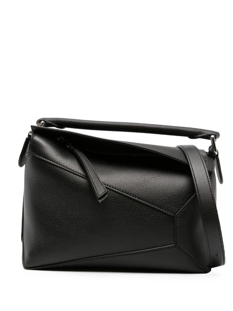 Black Puzzle Edge Small Leather Top Handle Bag