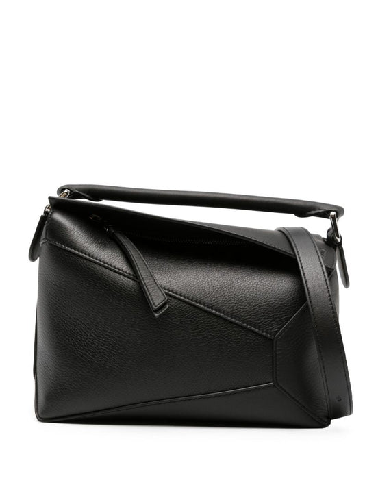 Black Puzzle Edge Small Leather Top Handle Bag