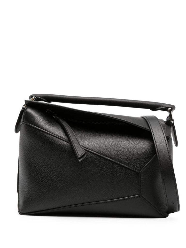 Black Puzzle Edge Small Leather Top Handle Bag
