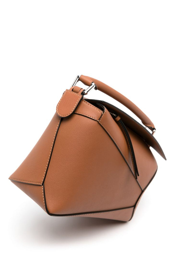 Brown Puzzle Edge Small Leather Top Handle Bag