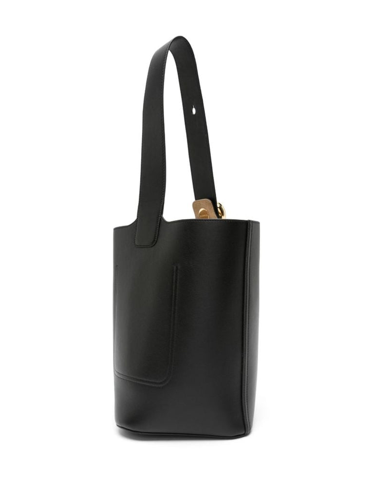 Black Pebble Medium Leather Bucket Bag