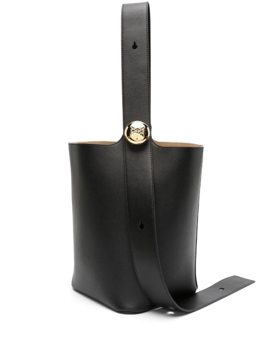 Black Pebble Medium Leather Bucket Bag