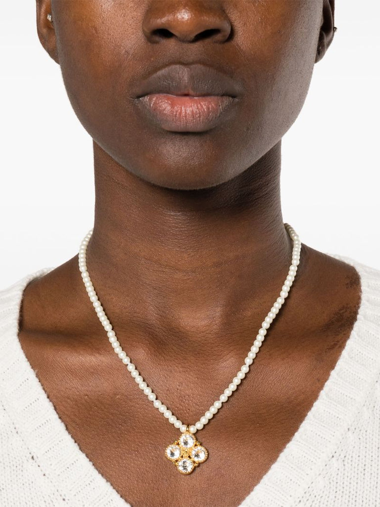 Gold-tone Crystal-pendant Pearl Necklace