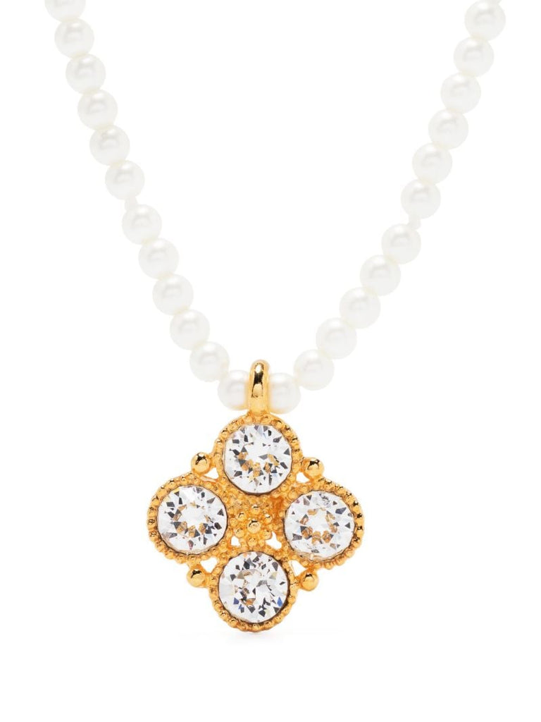 Gold-tone Crystal-pendant Pearl Necklace