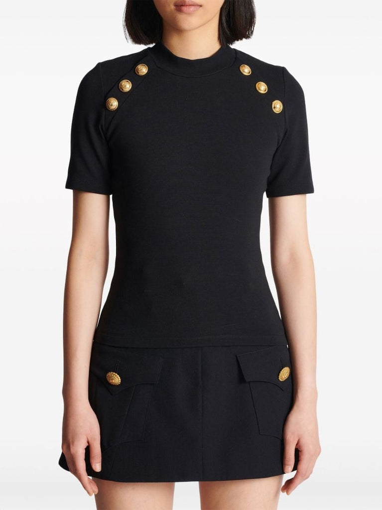 Black Button-embellished Knitted T-shirt