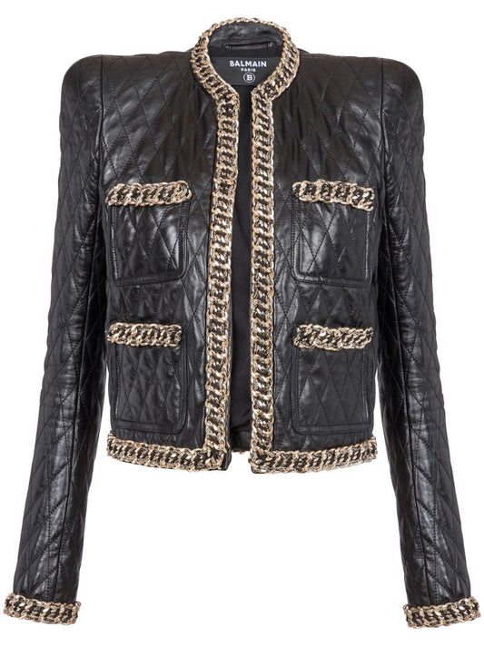Black Chain-trim Quilted Leather Jacket