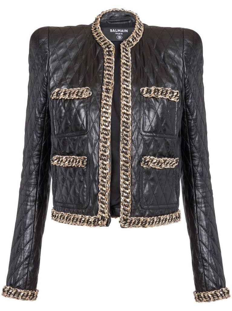 Black Chain-trim Quilted Leather Jacket