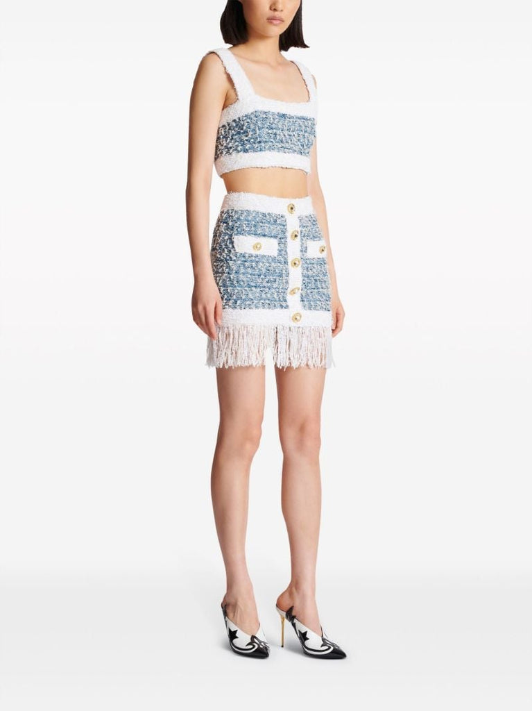 Blue Tweed Fringed Skirt