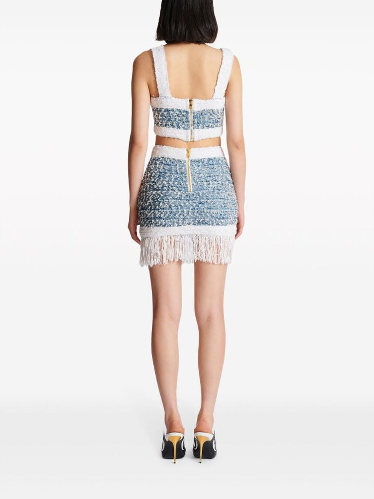 Blue Tweed Fringed Skirt