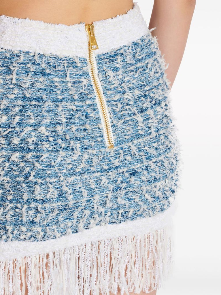 Blue Tweed Fringed Skirt