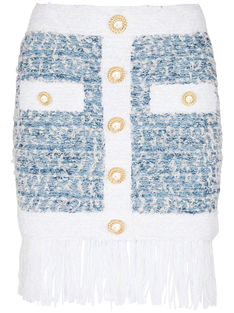 Blue Tweed Fringed Skirt