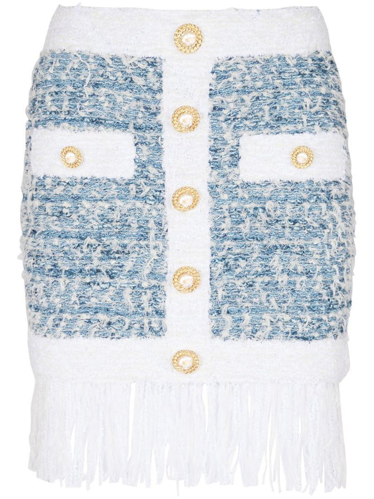 Blue Tweed Fringed Skirt