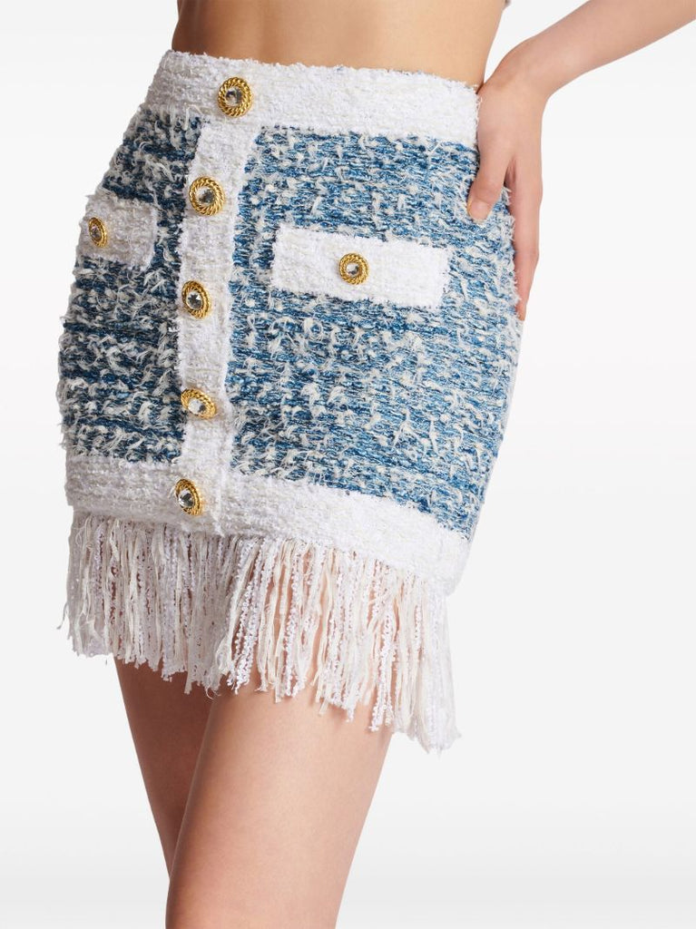 Blue Tweed Fringed Skirt