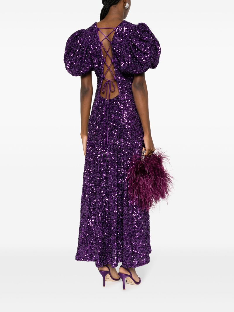 Purple Sequin-embellished Puff-sleeve Maxi Dress