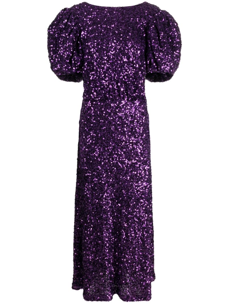 Purple Sequin-embellished Puff-sleeve Maxi Dress