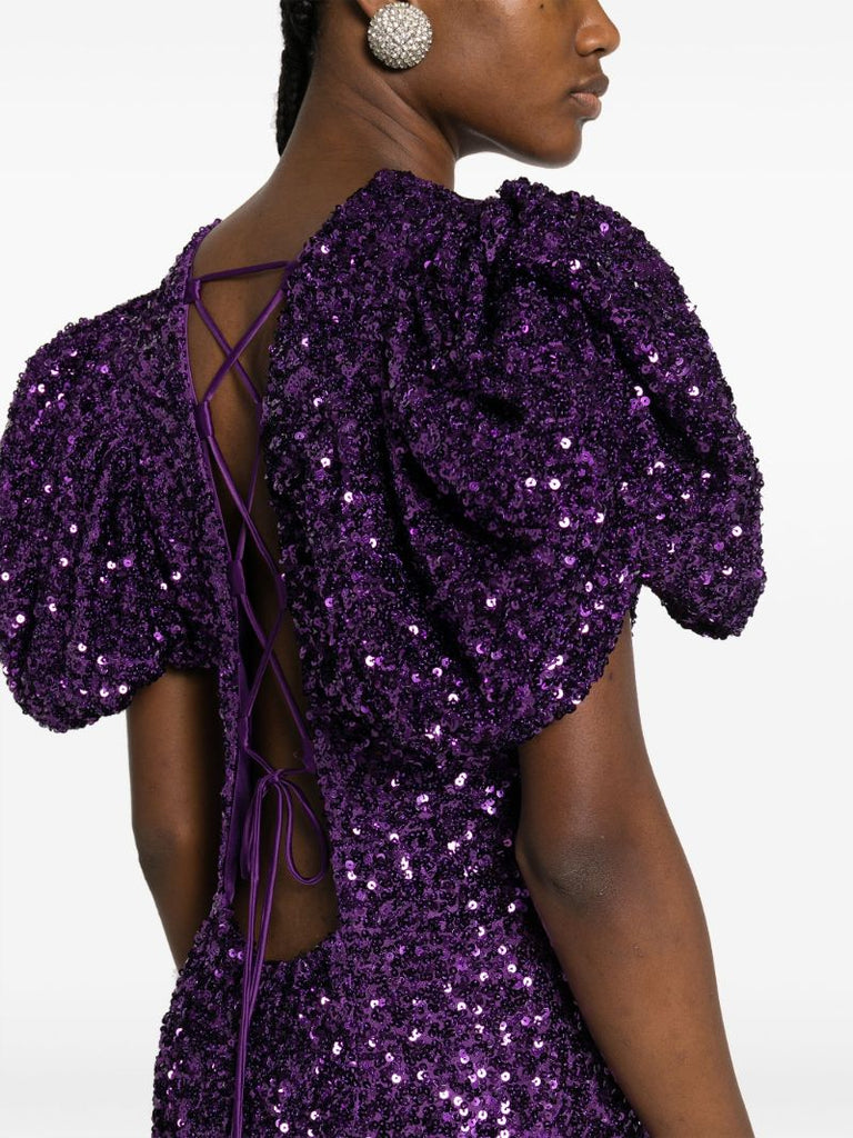 Purple Sequin-embellished Puff-sleeve Maxi Dress